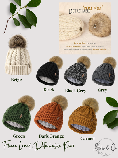 Fleece Lined Beanie with Removeable Pom
