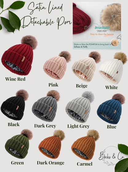 Satin Lined Beanie with Removeable Pom
