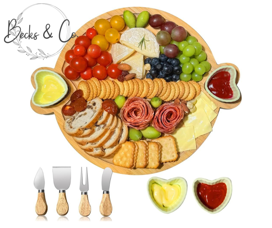 Charcuterie Board with Ceramic Heart Shape Bowls
