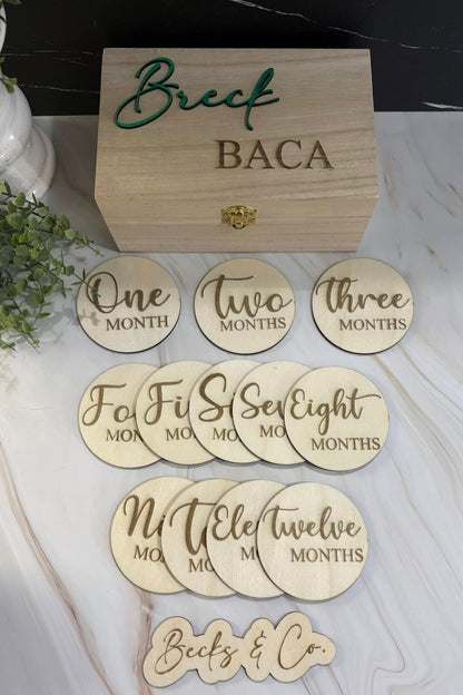 Wooden Keepsake Box with Baby Monthly Milestones & My First Holiday Set