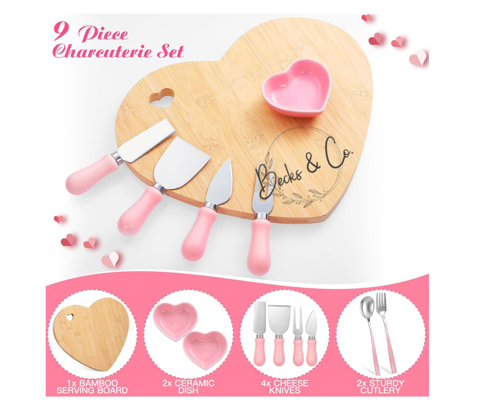 Charcuterie Board - Heart Shaped with Pink Utensils