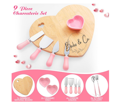 Charcuterie Board - Heart Shaped with Pink Utensils