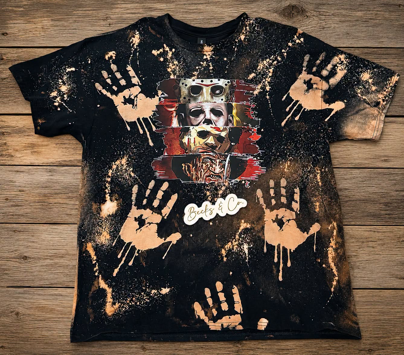 Stacked Horror Movie Characters with Handprint Bleach Splatter: SIZE XL Gildan T-shirt
