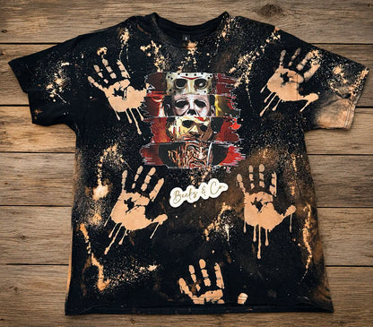 Stacked Horror Movie Characters with Handprint Bleach Splatter: SIZE XL Gildan T-shirt