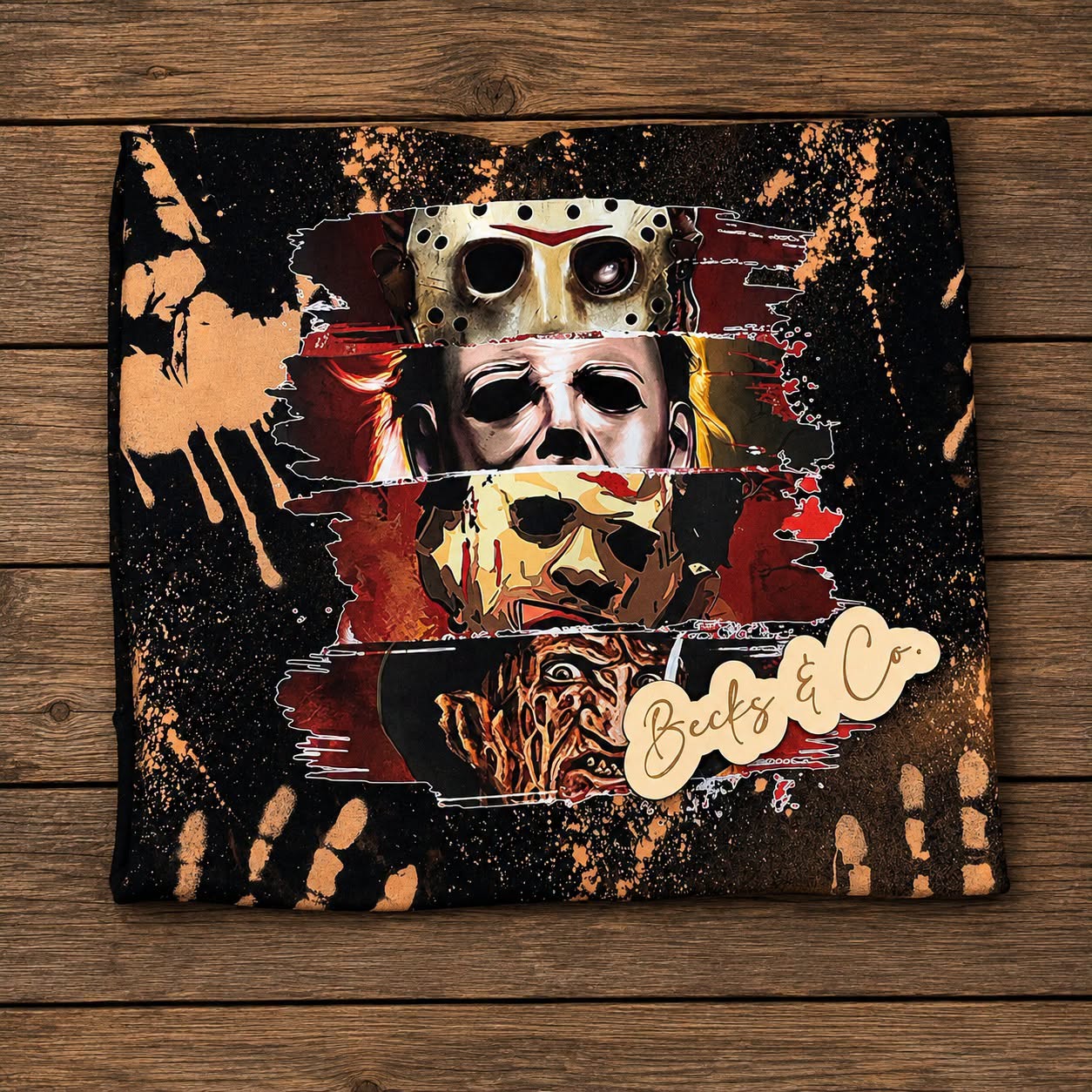 Stacked Horror Movie Characters with Handprint Bleach Splatter: SIZE XL Gildan T-shirt