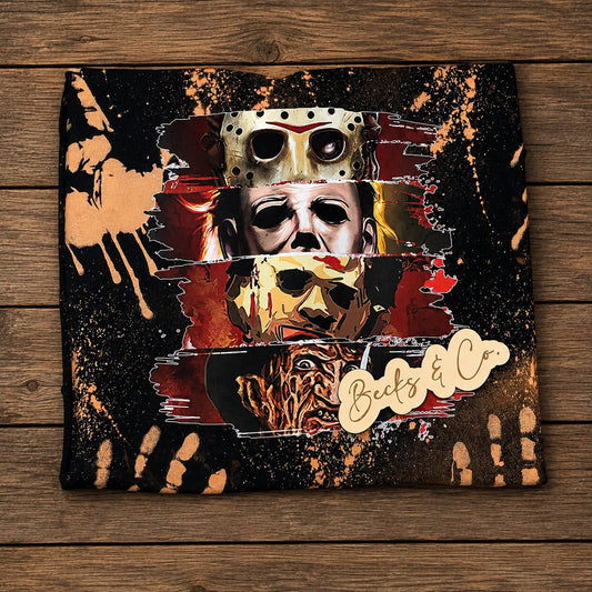 Stacked Horror Movie Characters with Handprint Bleach Splatter: SIZE XL Gildan T-shirt