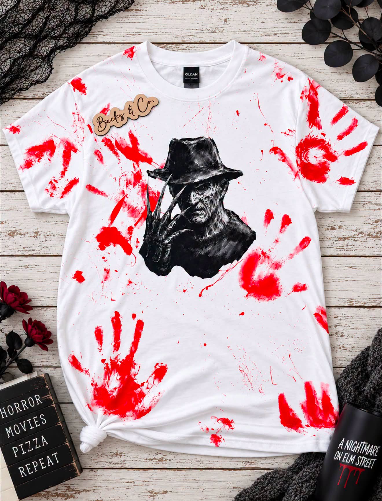 RED Bloody Handprints with Freddy Print: Size LARGE Unisex Gildan T-shirt