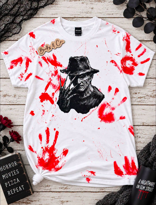 RED Bloody Handprints with Freddy Print: Size LARGE Unisex Gildan T-shirt