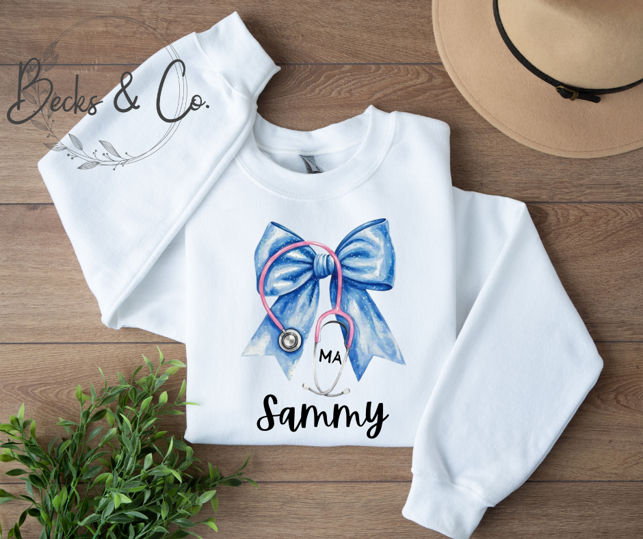 Blue Bow with Pink Stethoscope with Personalization