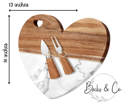 Heart Shaped Marble Charcuterie Board with Utensils