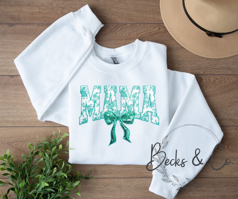 Floral Teal Mama with Bow Large Sequin Design