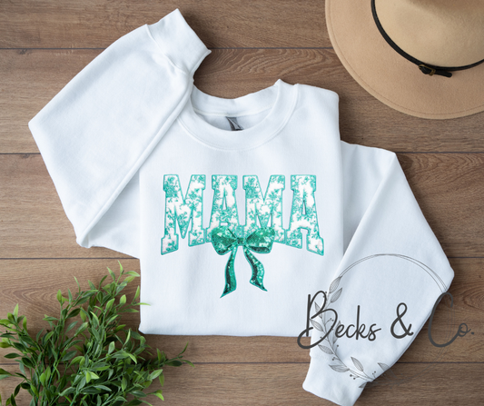 Floral Teal Mama with Bow Large Sequin Design