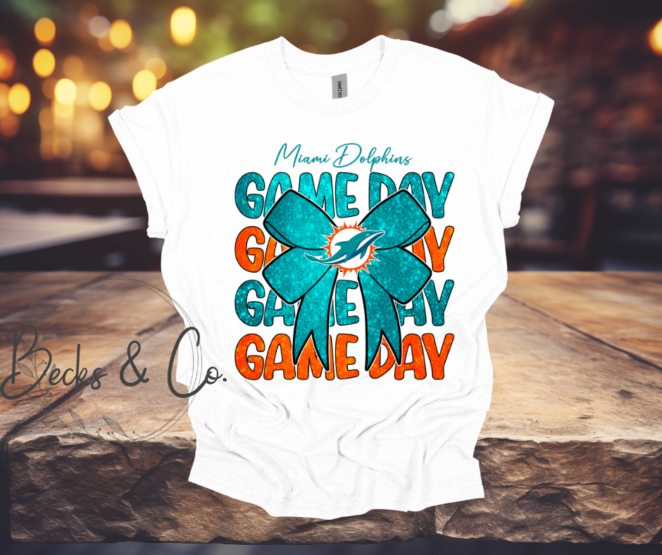 Miami Dolphins Game Day with Bow Glitter T-shirt