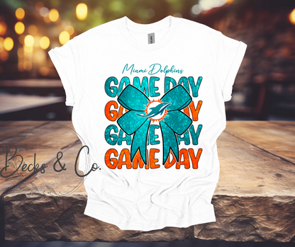 Miami Dolphins Game Day with Bow Glitter T-shirt
