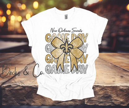 New Orleans Saints Game Day with Bow Glitter T-shirt