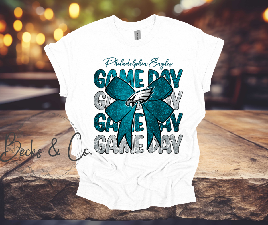 Philadelphia Eagles Game Day with Bow Glitter T-shirt