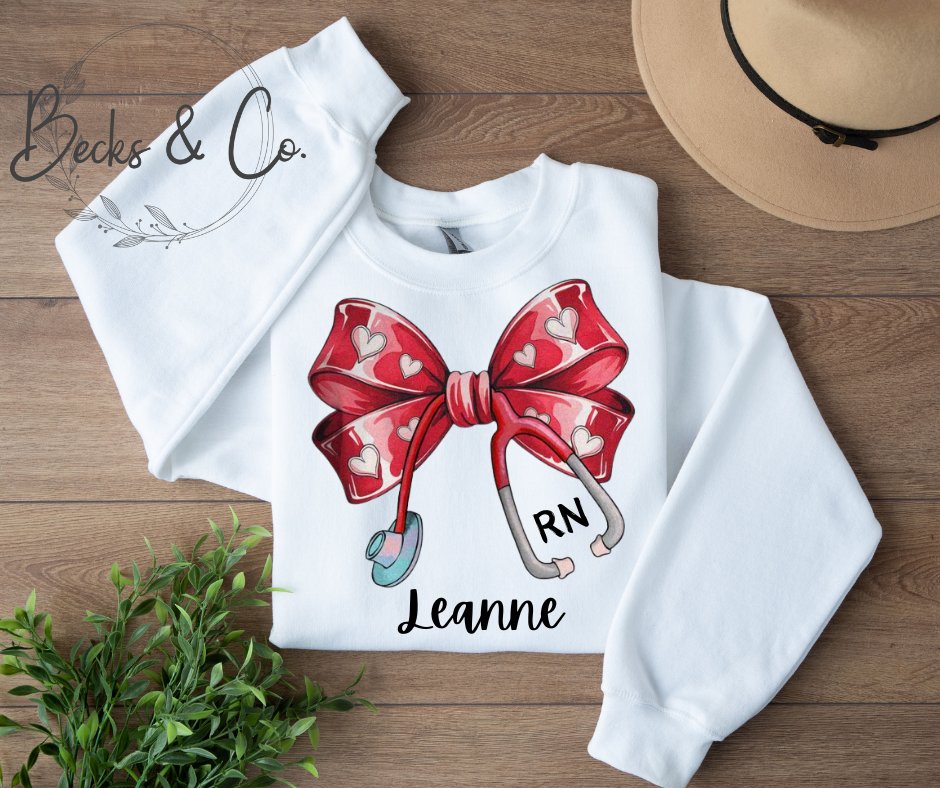 Red Bow with Hearts and Stethoscope with Personalization