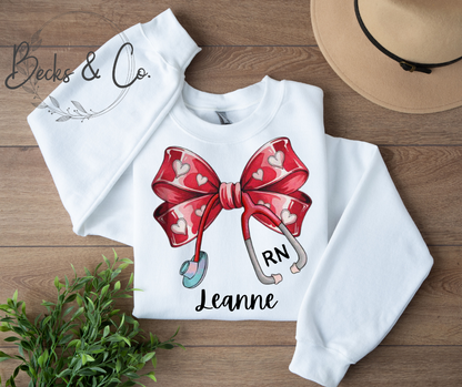 Red Bow with Hearts and Stethoscope with Personalization