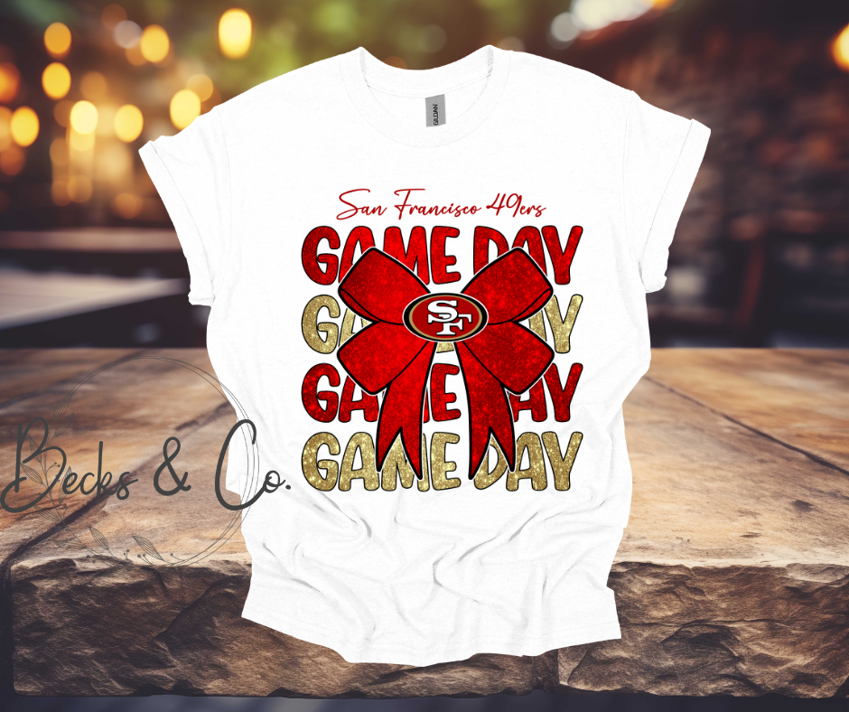San Francisco 49ers Game Day with Bow Glitter T-shirt