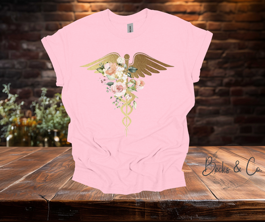 Floral Healthcare Caduceus Shirt / Crew Neck