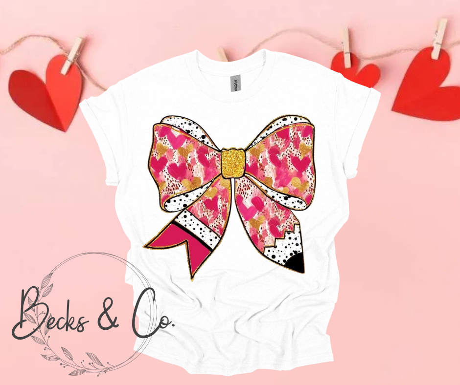 Teacher Pencil Bow with Pink Hearts